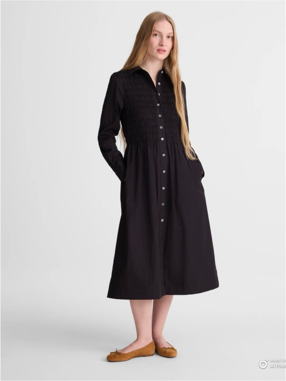 Madewell XS Black Smocked Midi Shirtdress in Poplin NWT Long Sleeve Fall
